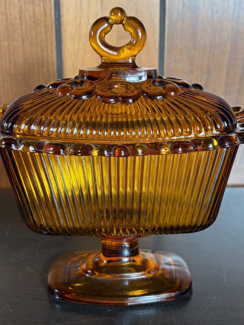 Vtg Indiana Glass Company Amber Lace Edge Footed Candy Dish with Lid - EUC